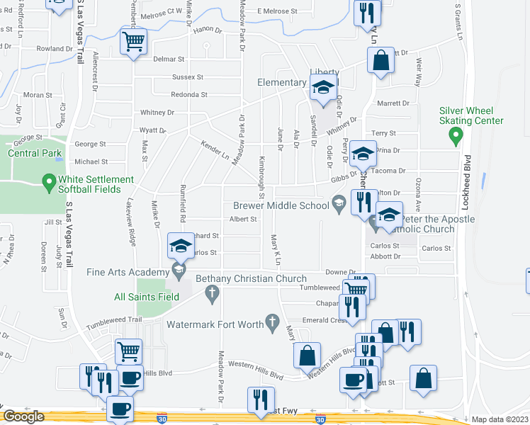 map of restaurants, bars, coffee shops, grocery stores, and more near 923 Kimbrough Street in Fort Worth