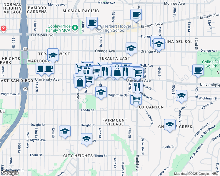 map of restaurants, bars, coffee shops, grocery stores, and more near 3810 46th Street in San Diego