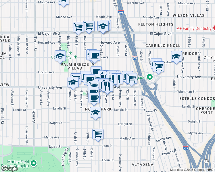 map of restaurants, bars, coffee shops, grocery stores, and more near in San Diego