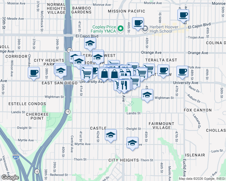 map of restaurants, bars, coffee shops, grocery stores, and more near 3840 43rd Street in San Diego