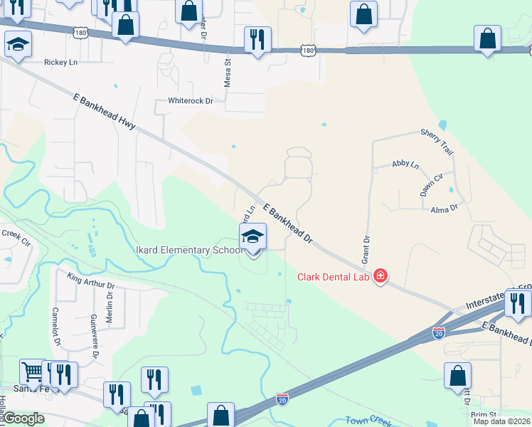 map of restaurants, bars, coffee shops, grocery stores, and more near 1812 East Bankhead Drive in Weatherford