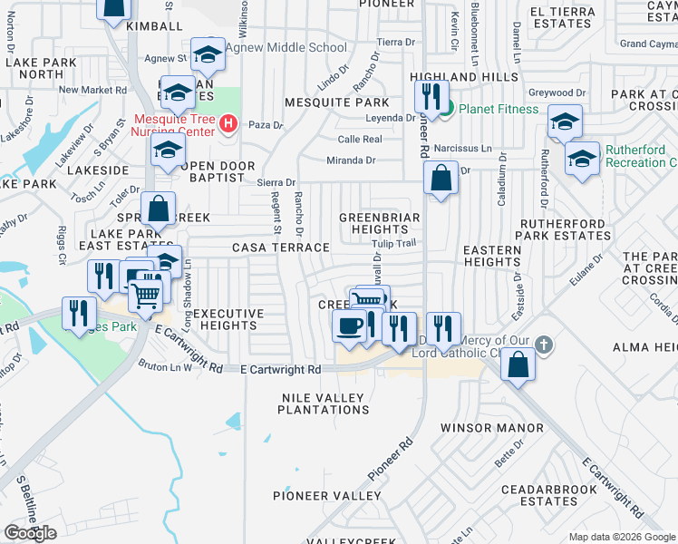 map of restaurants, bars, coffee shops, grocery stores, and more near 1524 Mayfair Drive in Mesquite