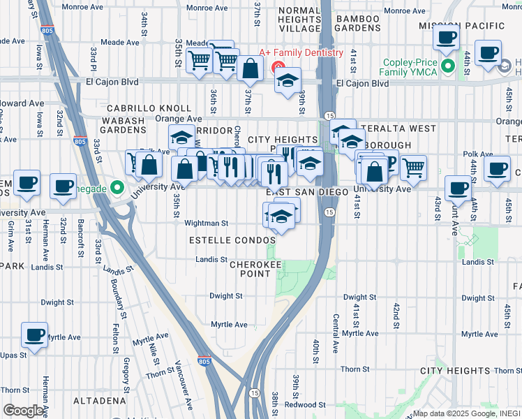 map of restaurants, bars, coffee shops, grocery stores, and more near 3837 37th Street in San Diego