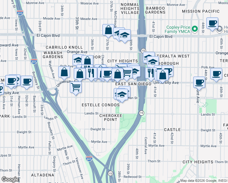 map of restaurants, bars, coffee shops, grocery stores, and more near 3837 37th Street in San Diego