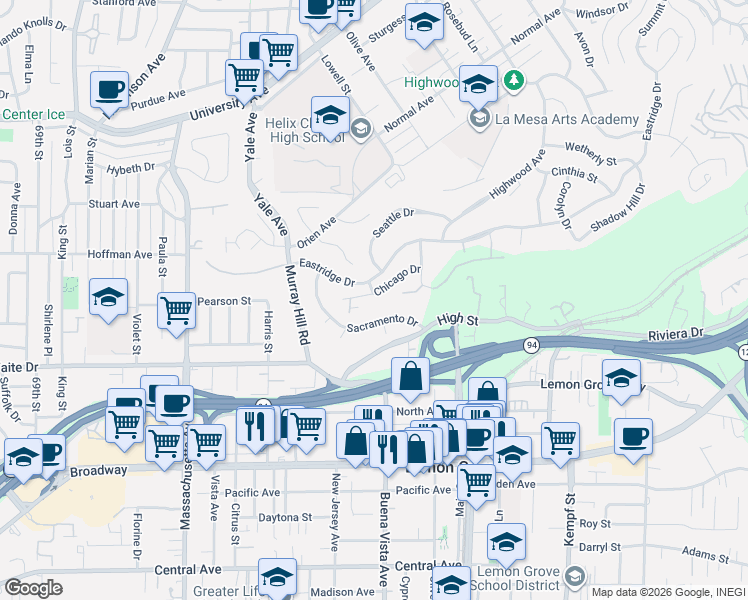 map of restaurants, bars, coffee shops, grocery stores, and more near 3865 Sacramento Drive in La Mesa