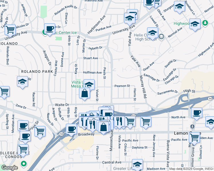 map of restaurants, bars, coffee shops, grocery stores, and more near 3867 Paula Street in La Mesa