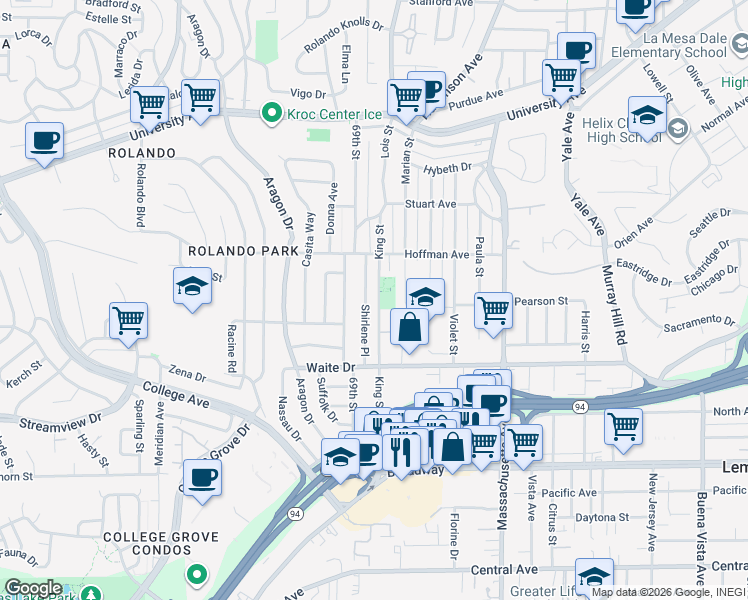map of restaurants, bars, coffee shops, grocery stores, and more near 3885 King Street in La Mesa