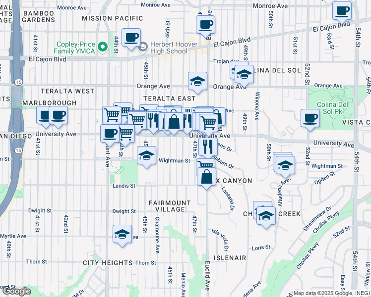 map of restaurants, bars, coffee shops, grocery stores, and more near 3814 Menlo Avenue in San Diego