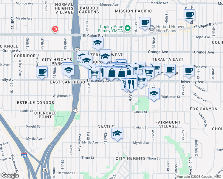 map of restaurants, bars, coffee shops, grocery stores, and more near 4238-40 Wightman Street in San Diego