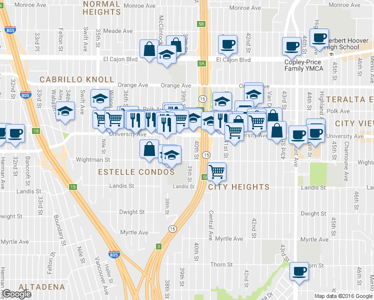 map of restaurants, bars, coffee shops, grocery stores, and more near 3804 39th Street in San Diego