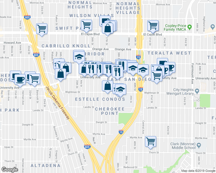 map of restaurants, bars, coffee shops, grocery stores, and more near 3662 Wightman Street in San Diego