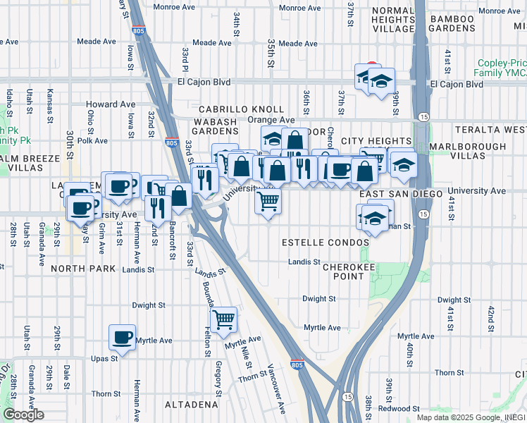 map of restaurants, bars, coffee shops, grocery stores, and more near 3806 35th Street in San Diego