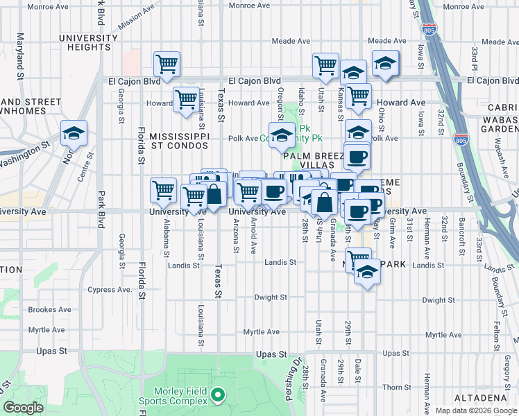 map of restaurants, bars, coffee shops, grocery stores, and more near 3825 Arnold Avenue in San Diego