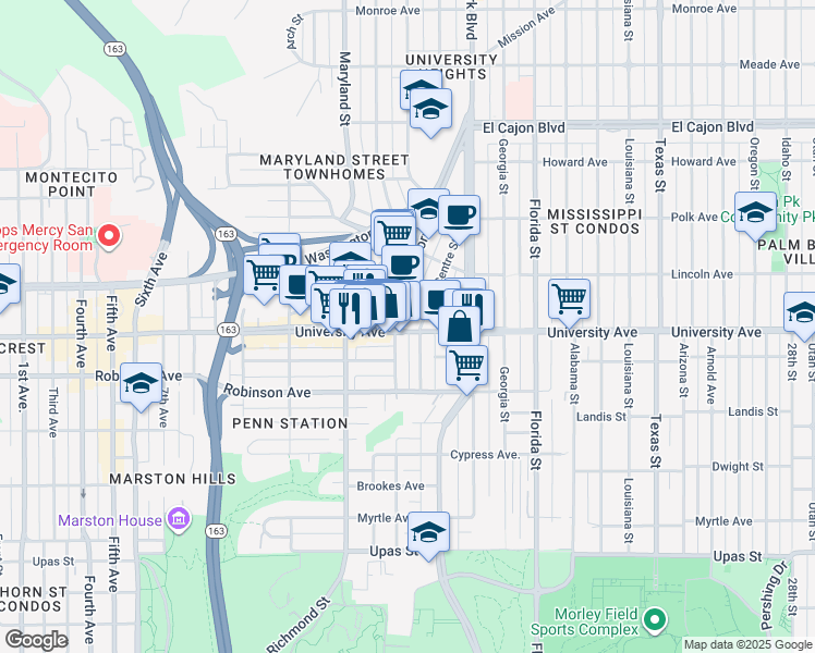 map of restaurants, bars, coffee shops, grocery stores, and more near 3824 Centre Street in San Diego