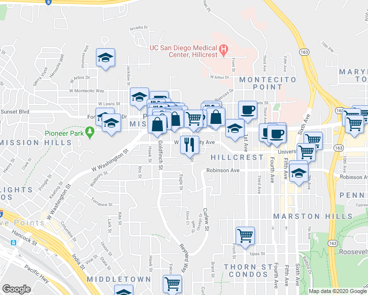 map of restaurants, bars, coffee shops, grocery stores, and more near 3840 Eagle Street in San Diego