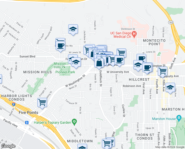 map of restaurants, bars, coffee shops, grocery stores, and more near 1003 Alberta Place in San Diego