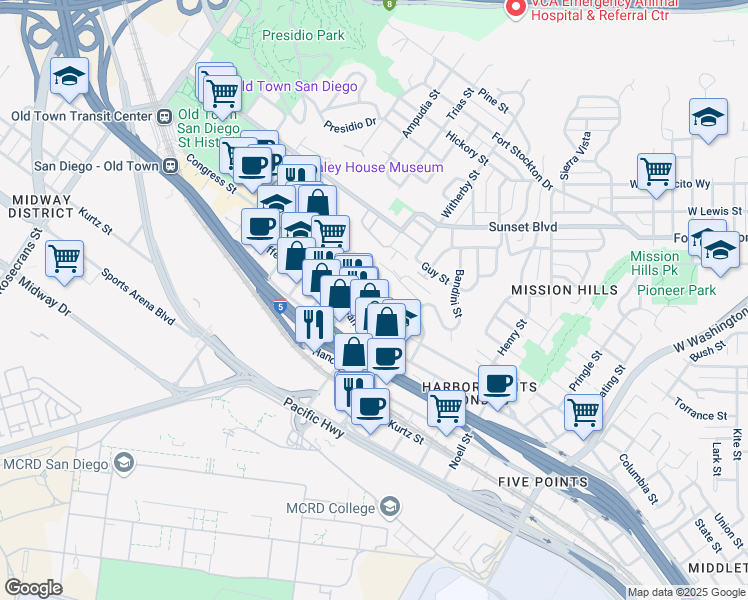 map of restaurants, bars, coffee shops, grocery stores, and more near 3906 West California Street in San Diego