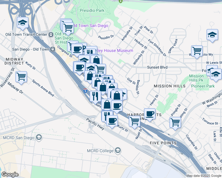 map of restaurants, bars, coffee shops, grocery stores, and more near 3906 West California Street in San Diego