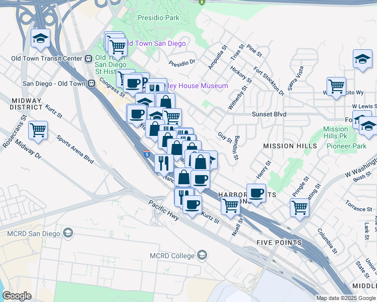 map of restaurants, bars, coffee shops, grocery stores, and more near 3906 West California Street in San Diego