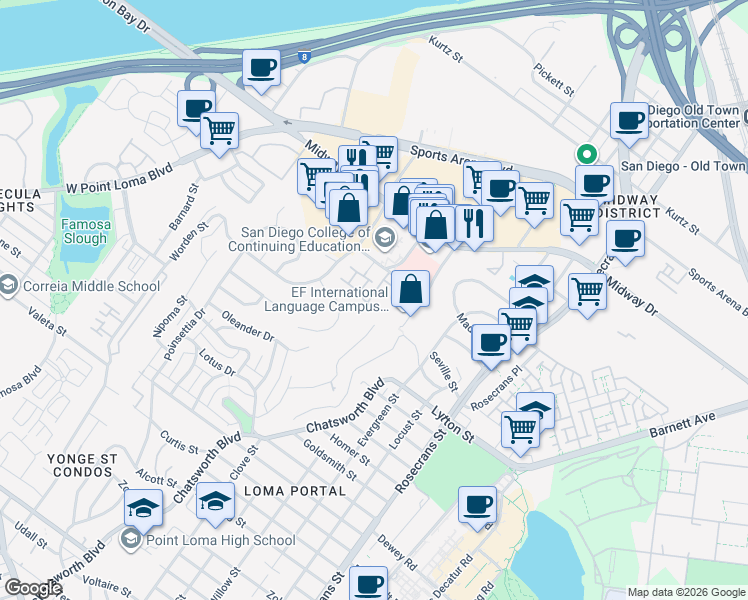 map of restaurants, bars, coffee shops, grocery stores, and more near 3308 Wisteria Drive in San Diego