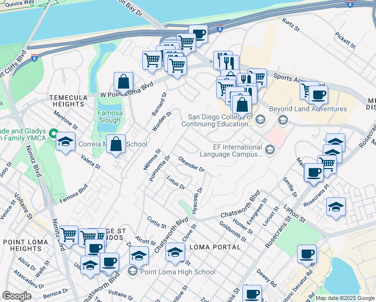 map of restaurants, bars, coffee shops, grocery stores, and more near 3726 Oleander Drive in San Diego