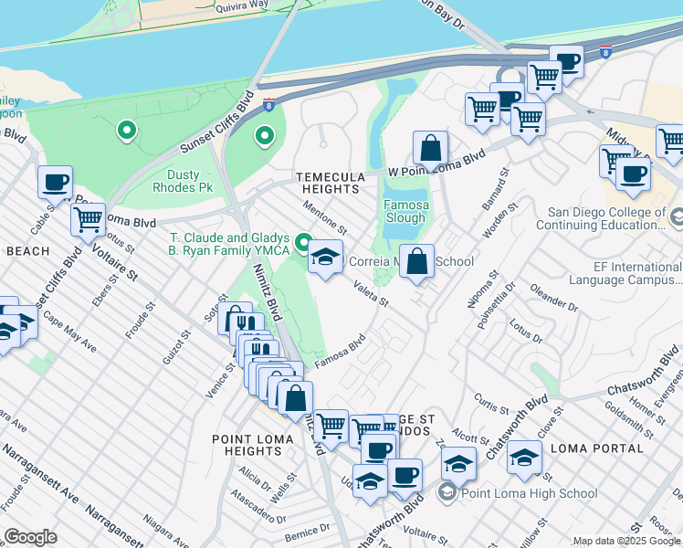 map of restaurants, bars, coffee shops, grocery stores, and more near 4239 Valeta Street in San Diego