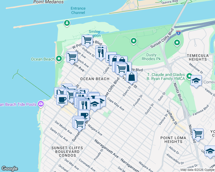 map of restaurants, bars, coffee shops, grocery stores, and more near 4790 Brighton Avenue in San Diego