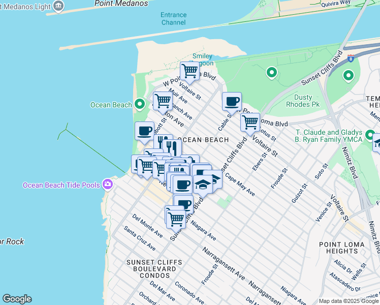 map of restaurants, bars, coffee shops, grocery stores, and more near 2030 Cable Street in San Diego