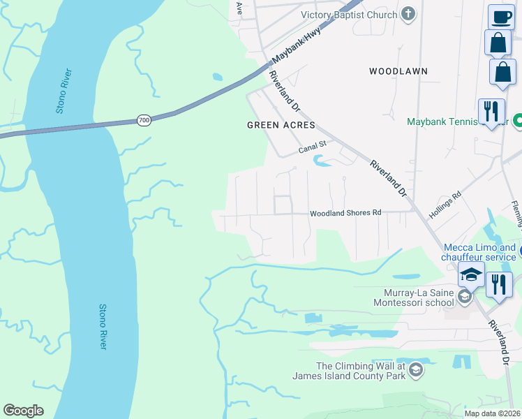 map of restaurants, bars, coffee shops, grocery stores, and more near 2235 Woodland Shores Road in Charleston