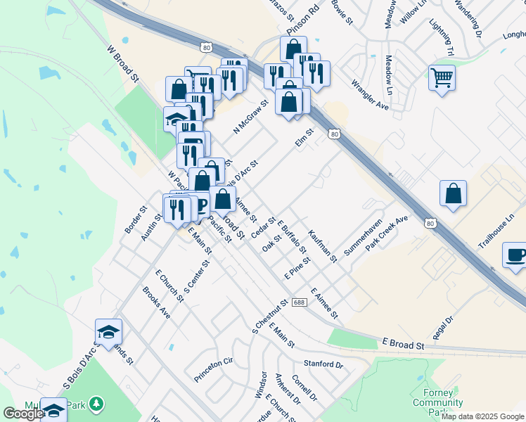 map of restaurants, bars, coffee shops, grocery stores, and more near 508 Cedar Street in Forney