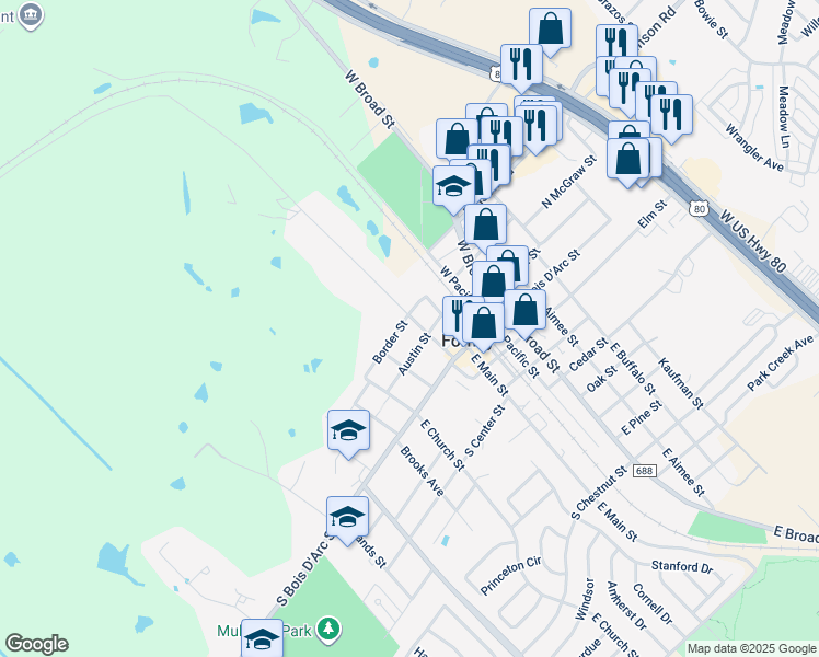 map of restaurants, bars, coffee shops, grocery stores, and more near 306 Austin Street in Forney