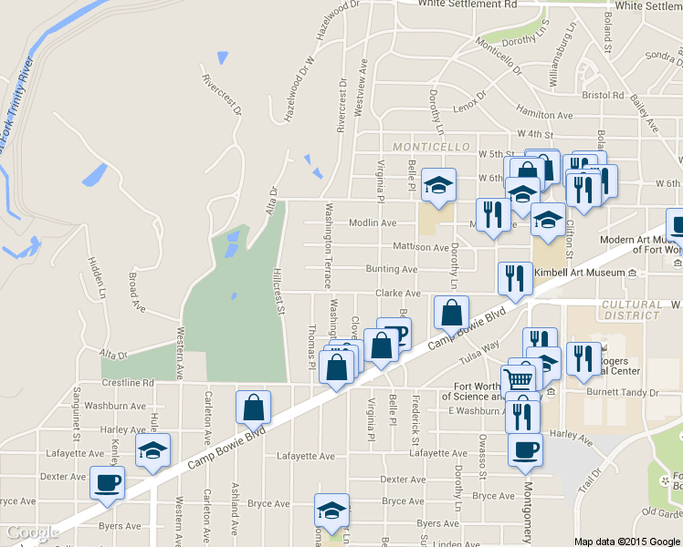 map of restaurants, bars, coffee shops, grocery stores, and more near 4054 Clarke Avenue in Fort Worth