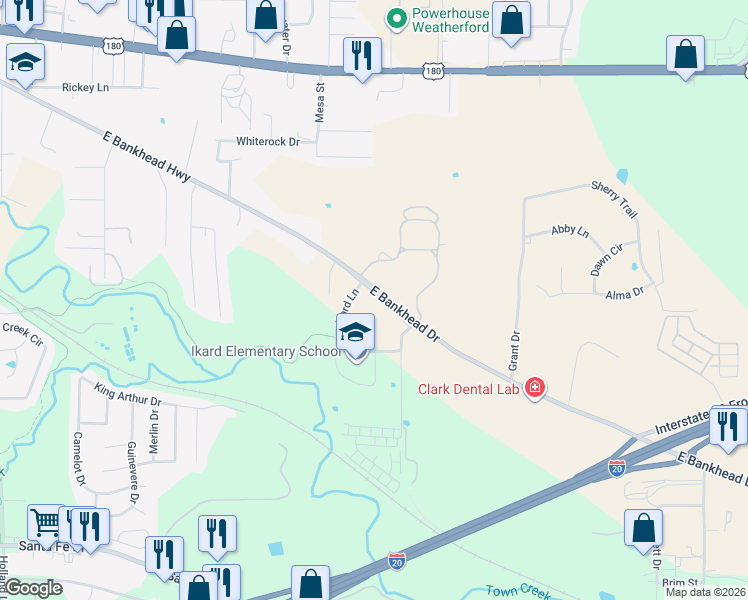 map of restaurants, bars, coffee shops, grocery stores, and more near 1818 East Bankhead Drive in Weatherford
