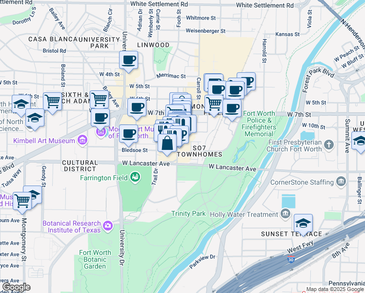 map of restaurants, bars, coffee shops, grocery stores, and more near 1021 Foch Street in Fort Worth
