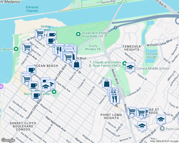 map of restaurants, bars, coffee shops, grocery stores, and more near 2250 Froude Street in San Diego