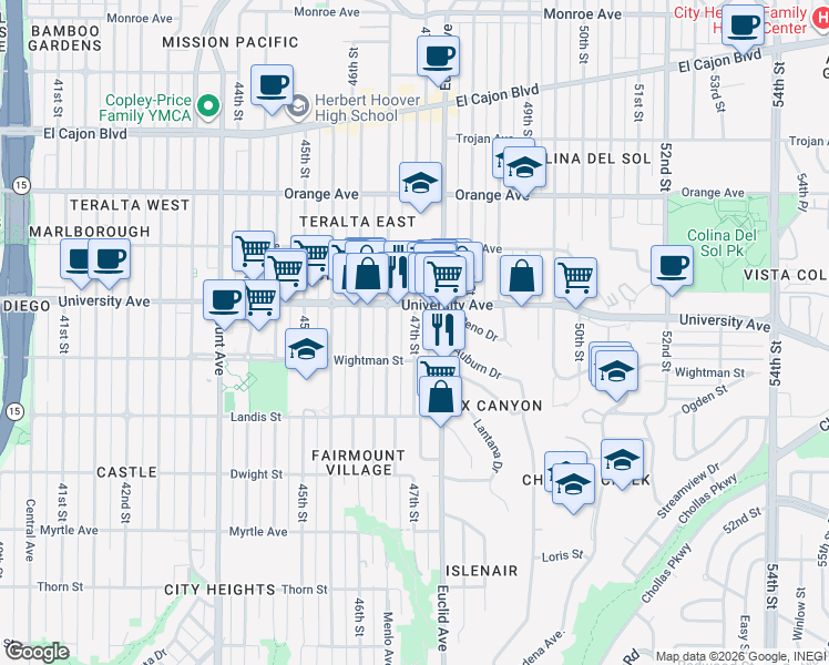 map of restaurants, bars, coffee shops, grocery stores, and more near 3815 47th Street in San Diego