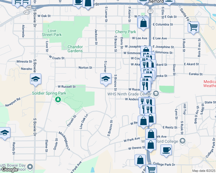 map of restaurants, bars, coffee shops, grocery stores, and more near 412 West Russell Street in Weatherford