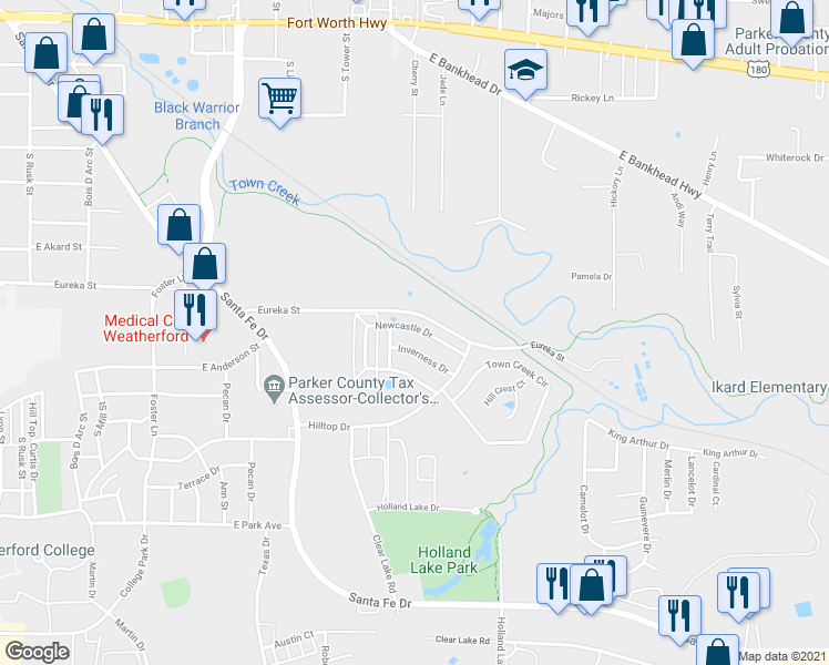 map of restaurants, bars, coffee shops, grocery stores, and more near 1035 Newcastle Drive in Weatherford