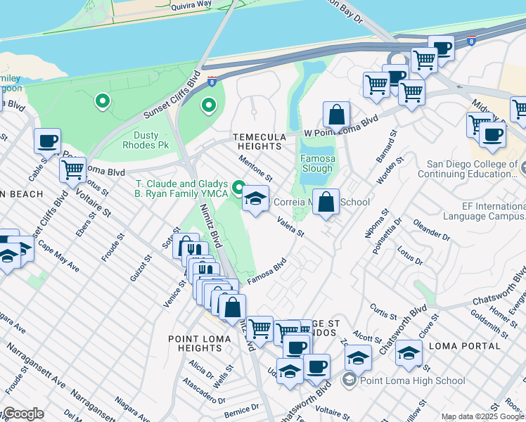 map of restaurants, bars, coffee shops, grocery stores, and more near 4302 Valeta Street in San Diego