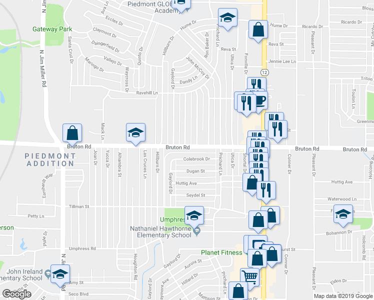 map of restaurants, bars, coffee shops, grocery stores, and more near 7730 Bruton Road in Dallas