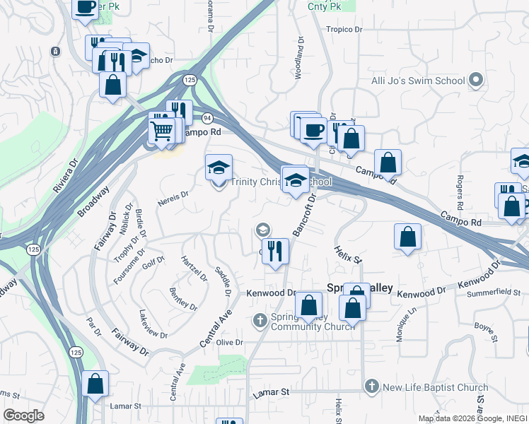 map of restaurants, bars, coffee shops, grocery stores, and more near 8942 Golf Drive in Spring Valley