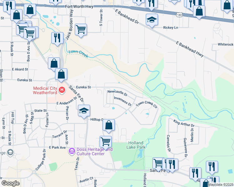 map of restaurants, bars, coffee shops, grocery stores, and more near 1043 Newcastle Drive in Weatherford