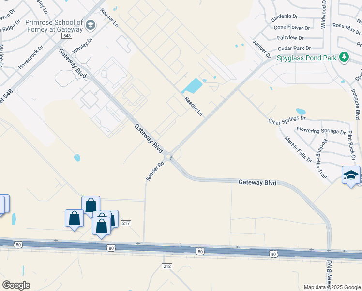 map of restaurants, bars, coffee shops, grocery stores, and more near 12868 Reeder Road in Forney
