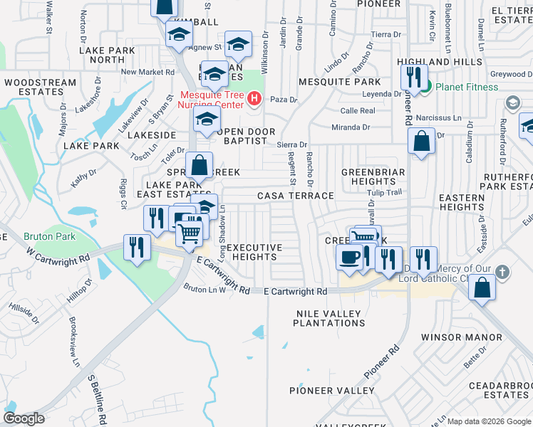 map of restaurants, bars, coffee shops, grocery stores, and more near 1416 Valley Trail in Mesquite