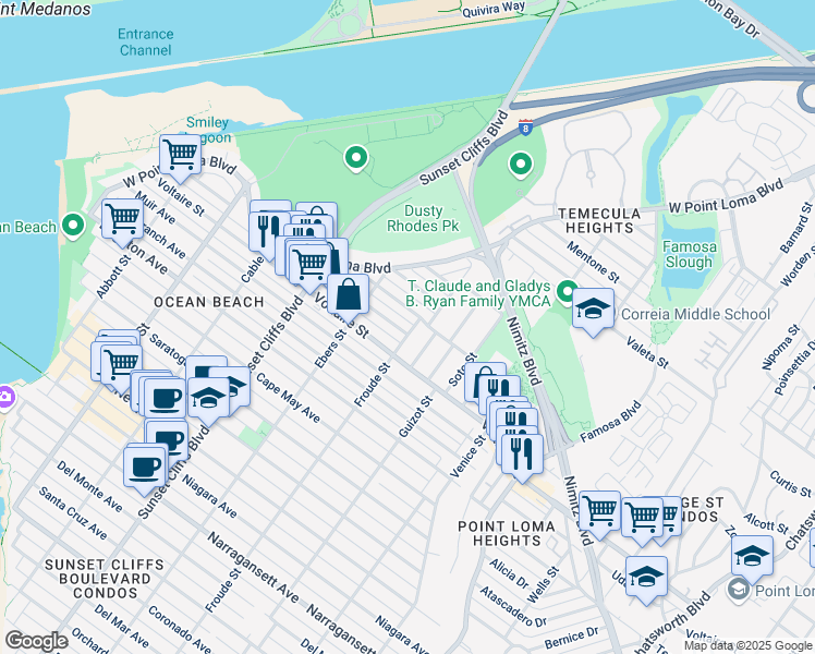 map of restaurants, bars, coffee shops, grocery stores, and more near 2250 Froude Street in San Diego
