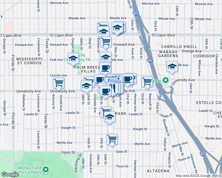 map of restaurants, bars, coffee shops, grocery stores, and more near 3823 Ray Street in San Diego