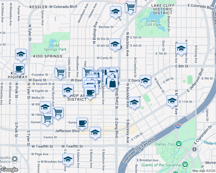 map of restaurants, bars, coffee shops, grocery stores, and more near 240 West Eighth Street in Dallas