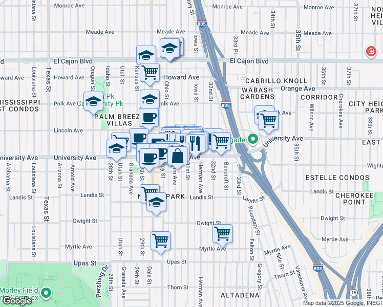 map of restaurants, bars, coffee shops, grocery stores, and more near in San Diego