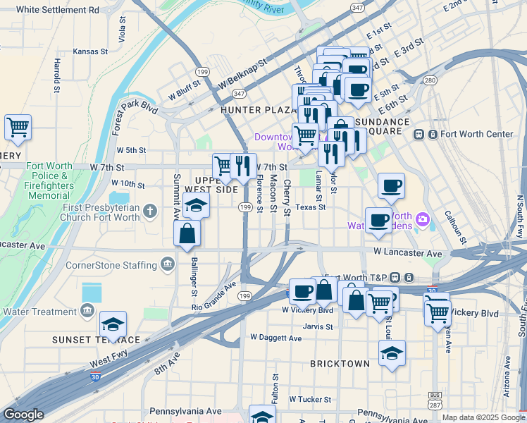 map of restaurants, bars, coffee shops, grocery stores, and more near 1021 Florence Street in Fort Worth