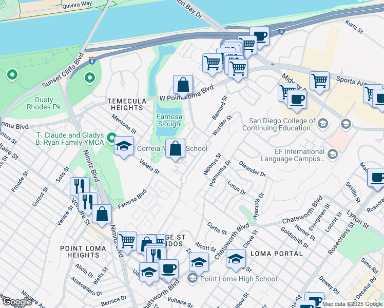 map of restaurants, bars, coffee shops, grocery stores, and more near 2654 Worden Street in San Diego